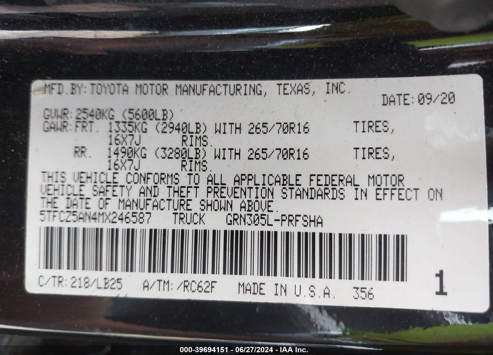 2021 TOYOTA TACOMA TRD PRO VIN: 5TFCZ5AN4MX246587