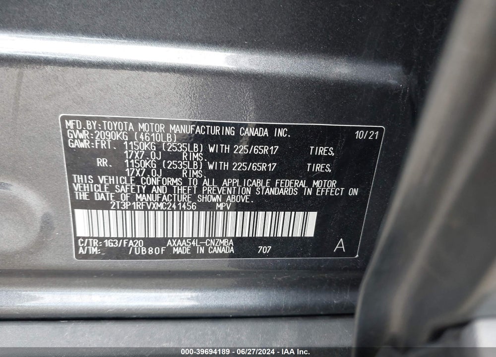 2021 TOYOTA RAV4 XLE VIN: 2T3P1RFVXMC241456