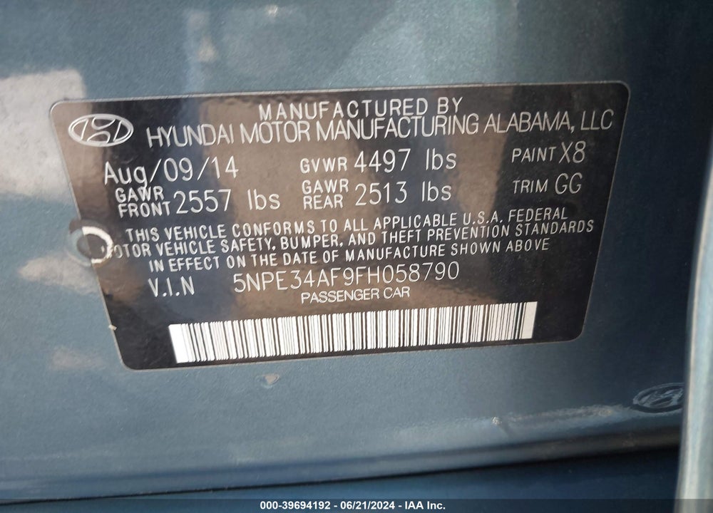 2015 HYUNDAI SONATA SPORT VIN: 5NPE34AF9FH058790