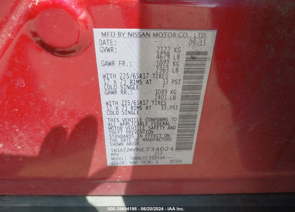 2016 NISSAN ROGUE S/SL/SV VIN: 5N1AT2MV9GC734024