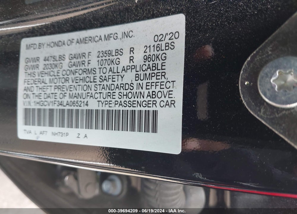 2020 HONDA ACCORD SPORT VIN: 1HGCV1F34LA065214