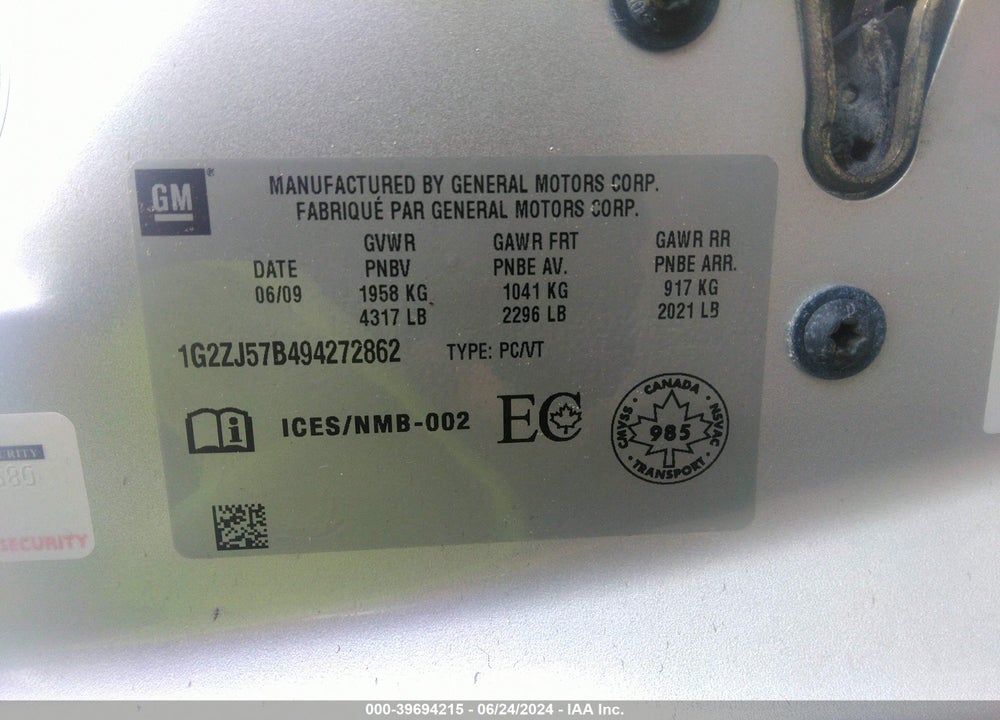 2009 PONTIAC G6 NEW SE/VALUE LEADER VIN: 1G2ZJ57B494272862
