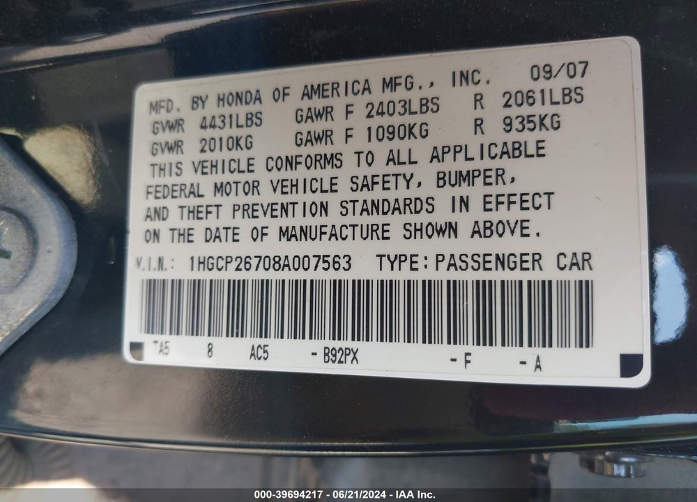 2008 HONDA ACCORD 2.4 EX VIN: 1HGCP26708A007563