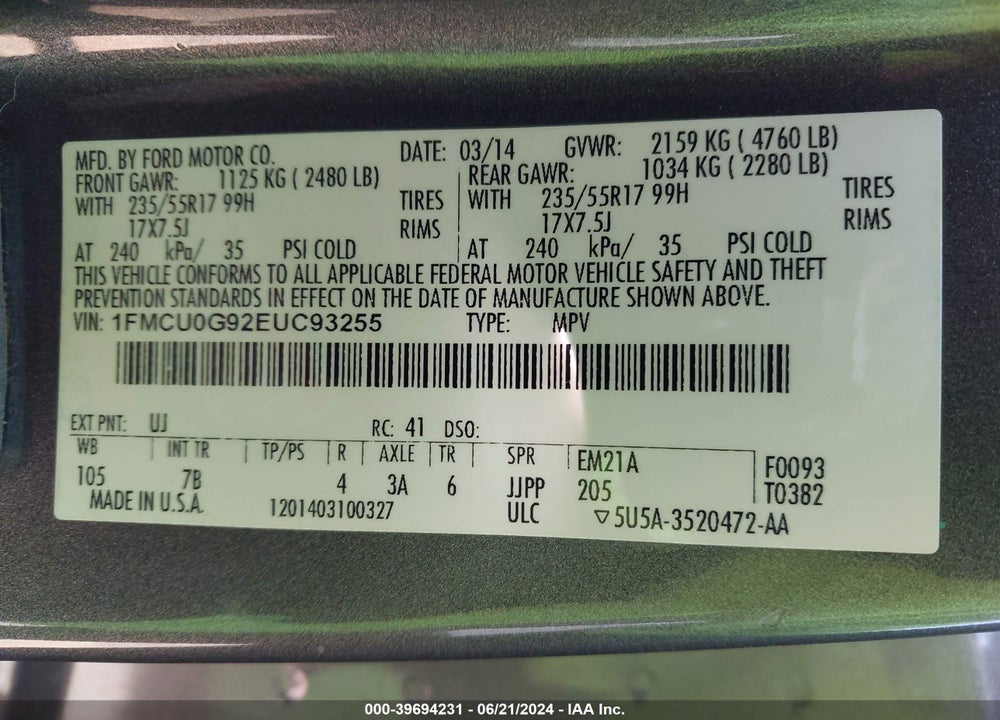 2014 FORD ESCAPE SE VIN: 1FMCU0G92EUC93255
