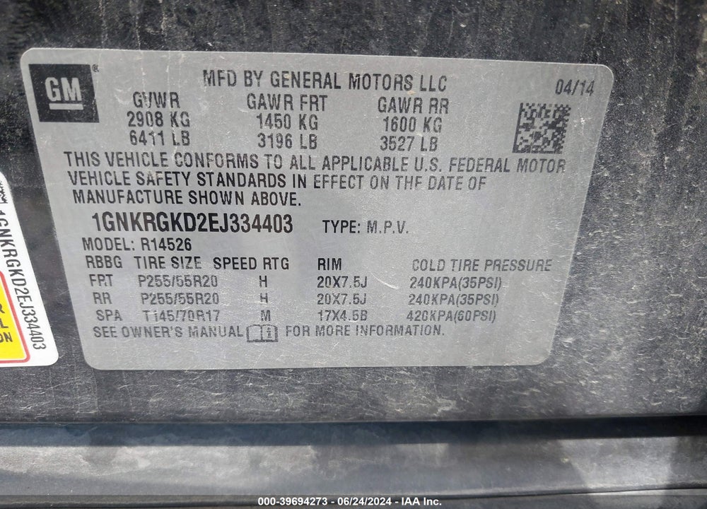 2014 CHEVROLET TRAVERSE 1LT VIN: 1GNKRGKD2EJ334403