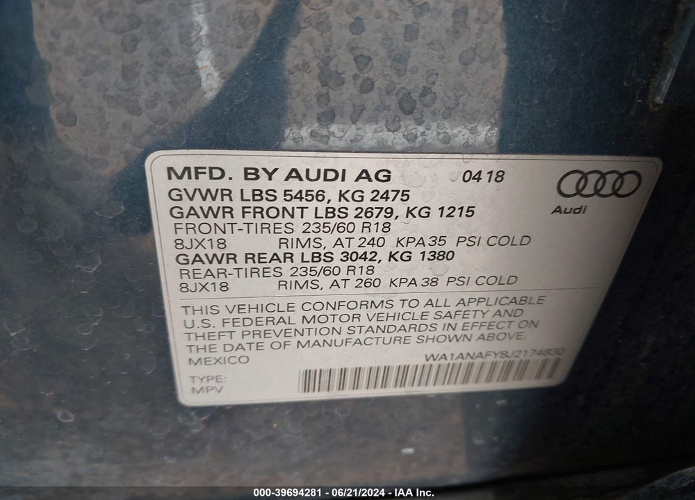 2018 AUDI Q5 VIN: WA1ANAFY8J2174830