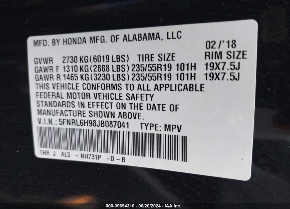 2018 HONDA ODYSSEY ELITE VIN: 5FNRL6H98JB087041