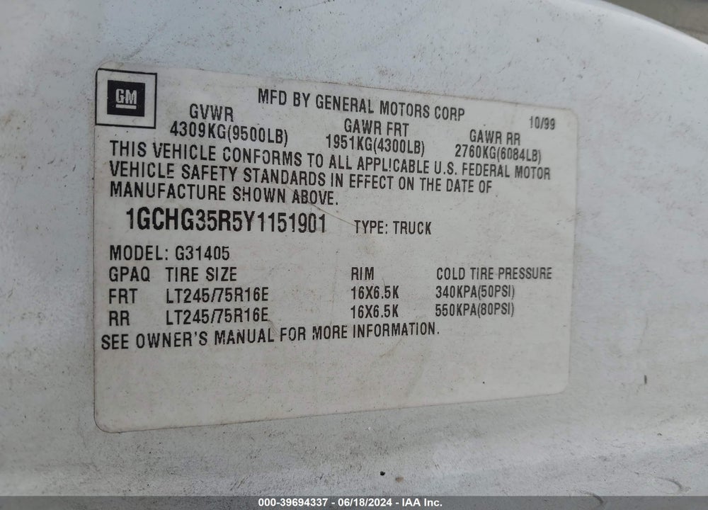 2000 CHEVROLET EXPRESS VIN: 1GCHG35R5Y1151901