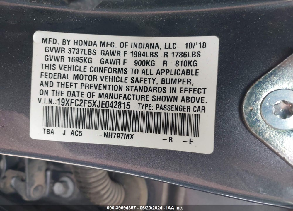2018 HONDA CIVIC LX VIN: 19XFC2F5XJE042815