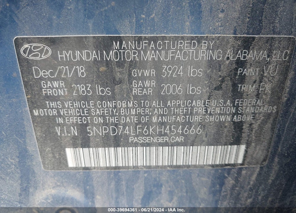 2019 HYUNDAI ELANTRA SE VIN: 5NPD74LF6KH454666