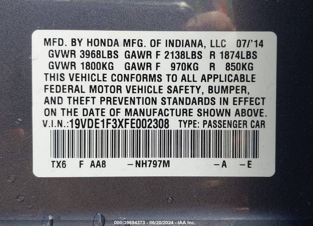 2015 ACURA ILX 2.0L VIN: 19VDE1F3XFE002308