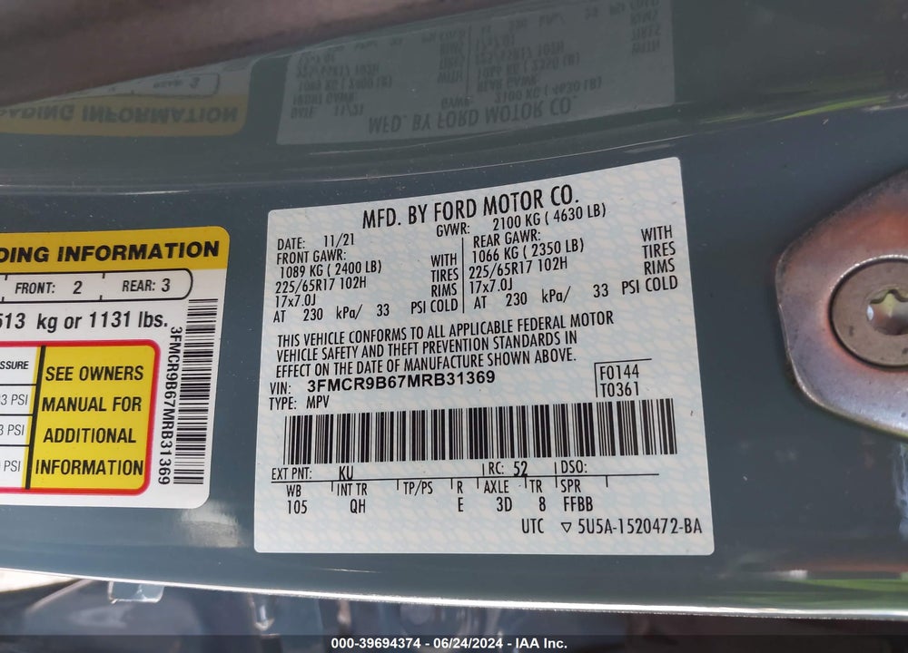 2021 FORD BRONCO SPORT BIG BEND VIN: 3FMCR9B67MRB31369