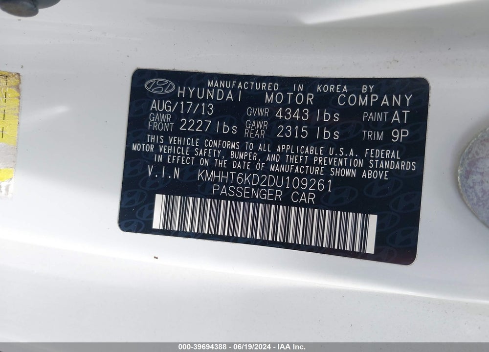 2013 HYUNDAI GENESIS 2.0T VIN: KMHHT6KD2DU109261