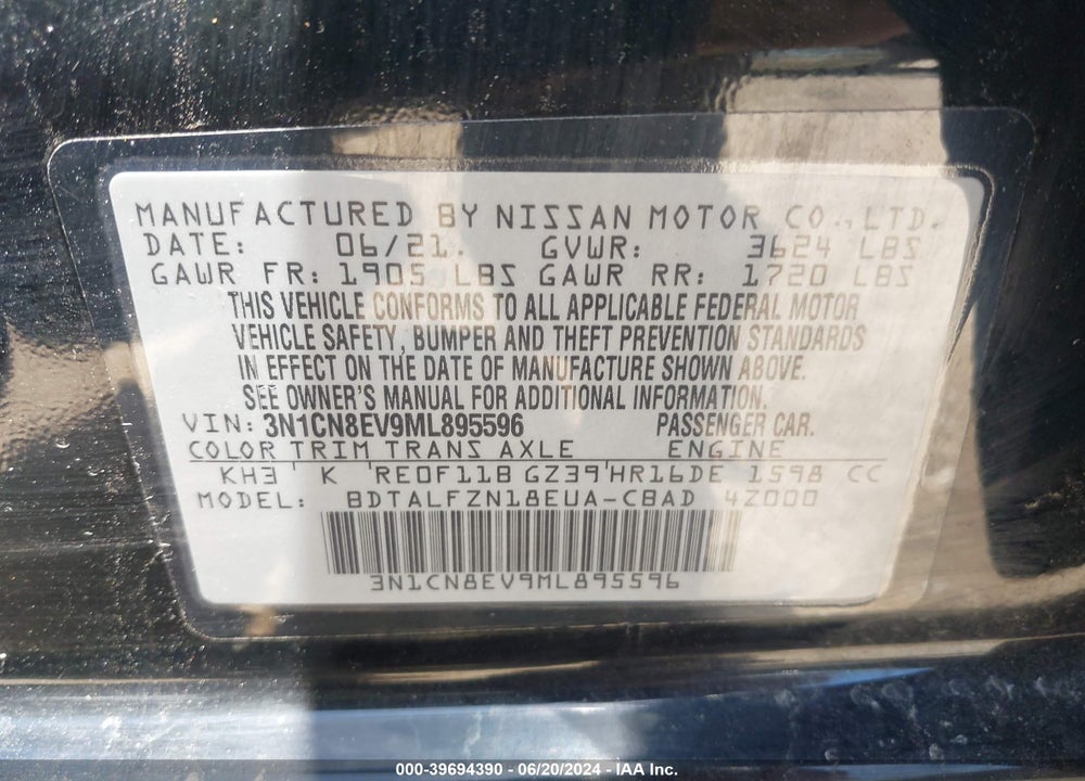2021 NISSAN VERSA VIN: 3N1CN8EV9ML895596