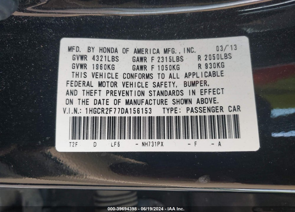 2013 HONDA ACCORD EX VIN: 1HGCR2F77DA156153