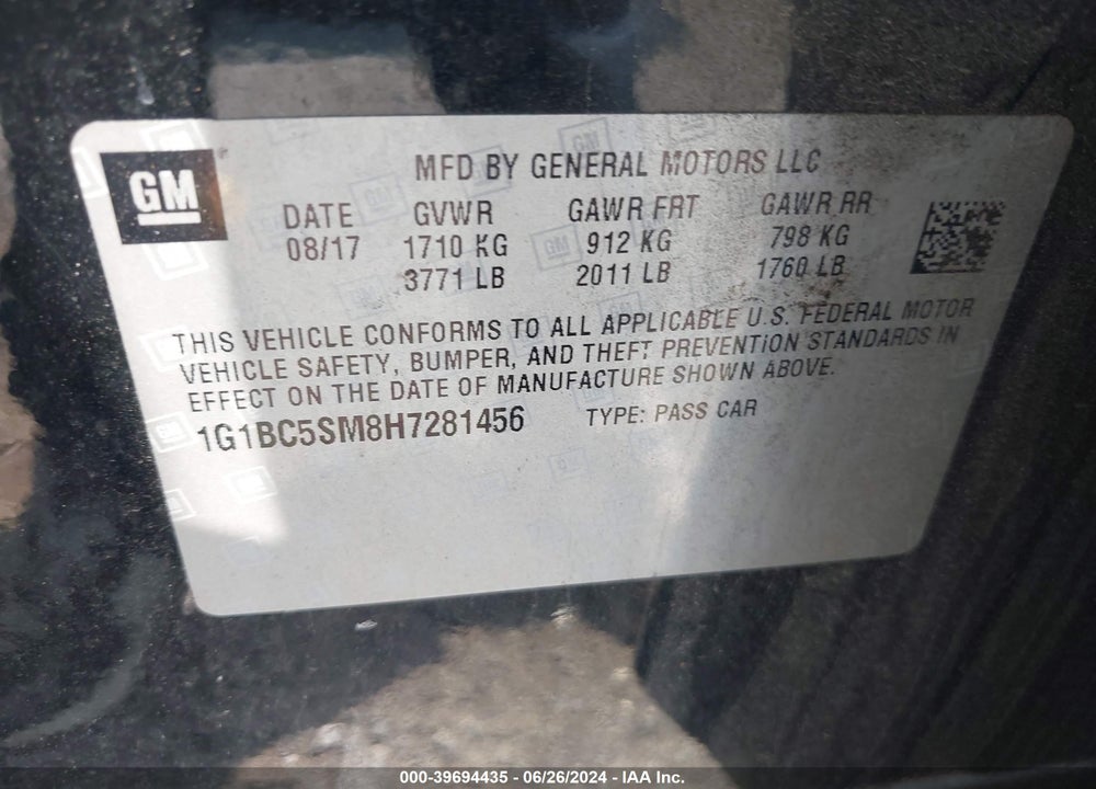 2017 CHEVROLET CRUZE LS AUTO VIN: 1G1BC5SM8H7281456