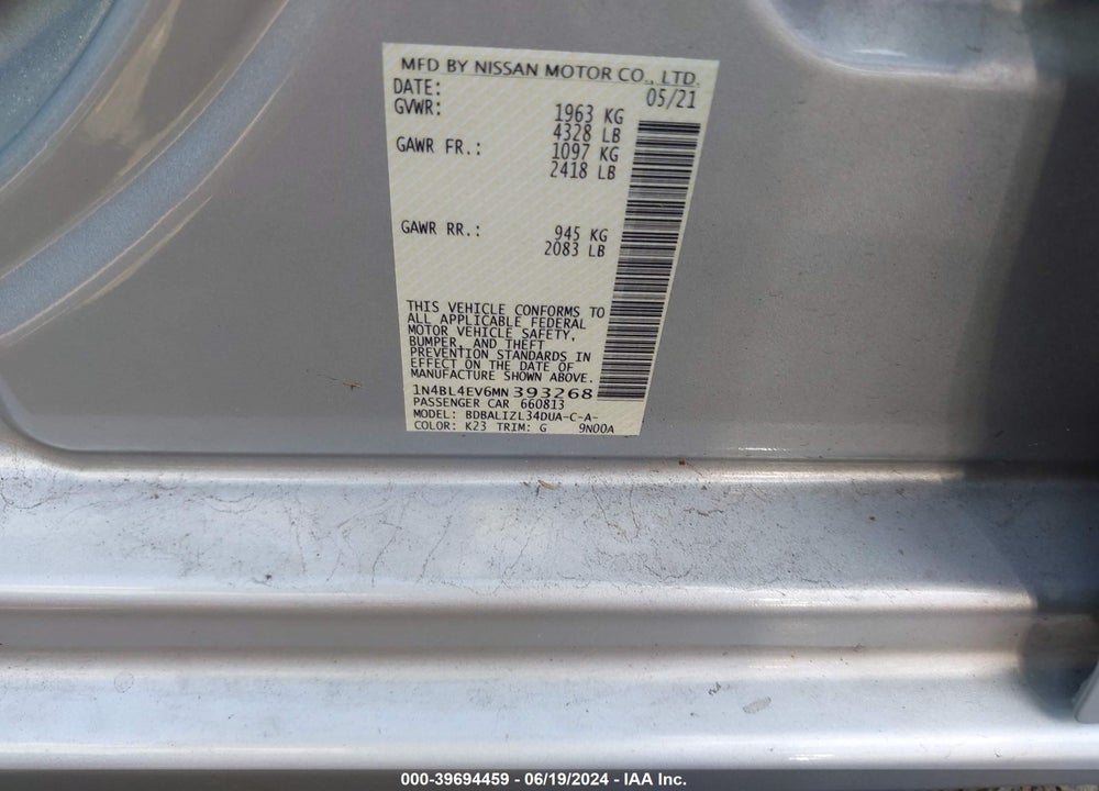 2021 NISSAN ALTIMA SL FWD VIN: 1N4BL4EV6MN393268