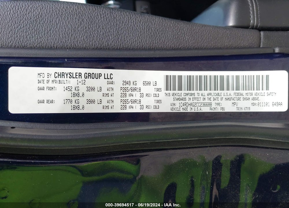 2012 DODGE DURANGO SXT VIN: 1C4RDHAG2CC236688