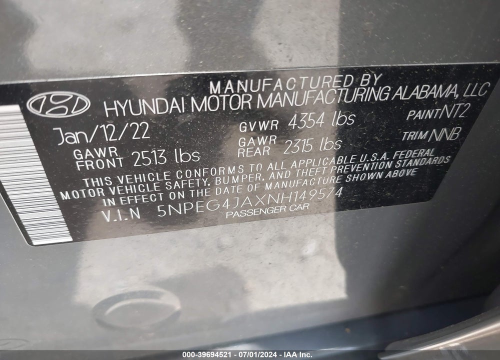 2022 HYUNDAI SONATA SE VIN: 5NPEG4JAXNH149574