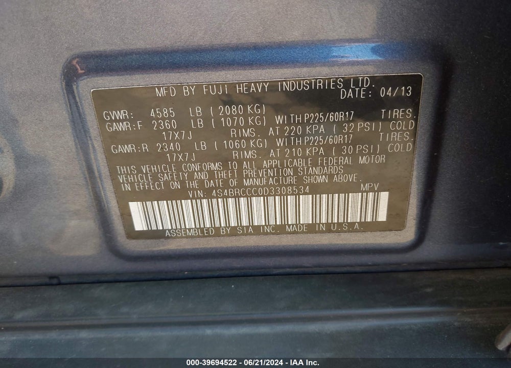 2013 SUBARU OUTBACK 2.5I PREMIUM VIN: 4S4BRCCC0D3308534