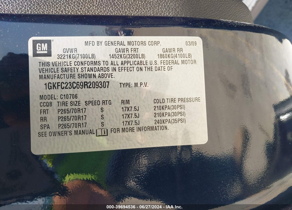 2009 GMC YUKON SLE1 VIN: 1GKFC23C69R209307