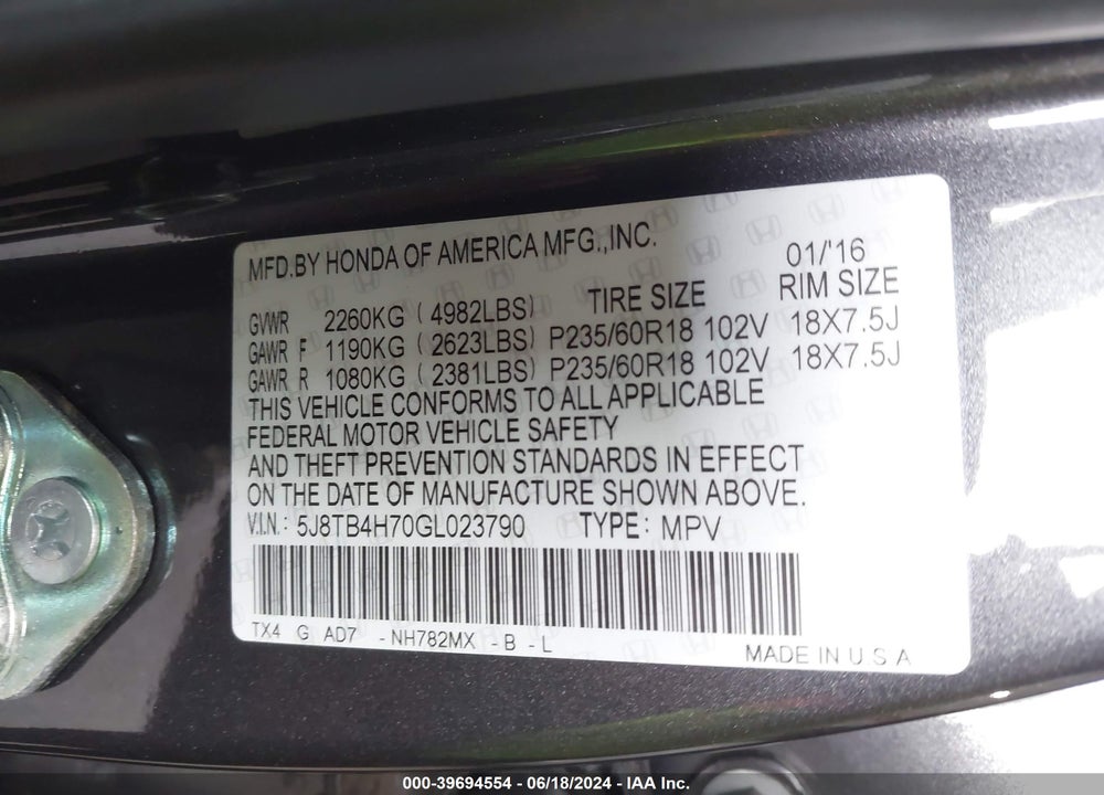 2016 ACURA RDX ADVANCE PACKAGE VIN: 5J8TB4H70GL023790