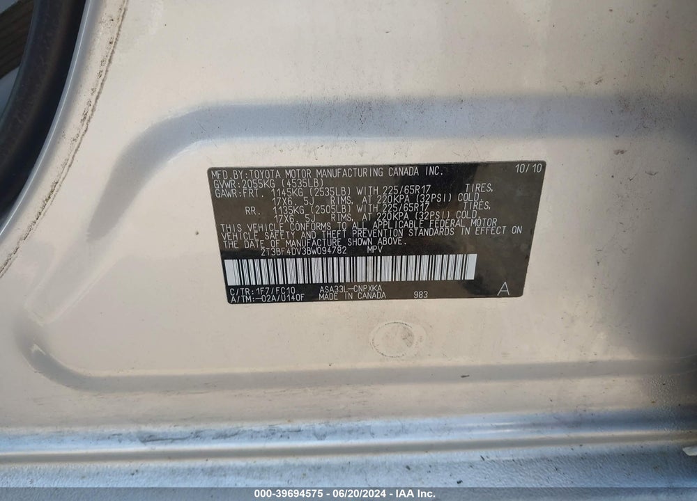 2011 TOYOTA RAV4 VIN: 2T3BF4DV3BW094782