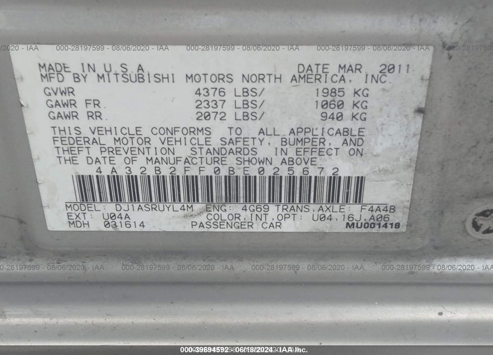 2011 MITSUBISHI GALANT ES VIN: 4A32B2FF0BE025672