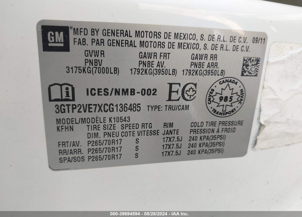 2012 GMC SIERRA 1500 SLE VIN: 3GTP2VE7XCG136485
