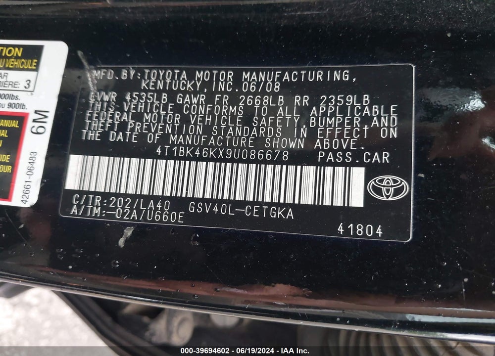 2009 TOYOTA CAMRY XLE V6 VIN: 4T1BK46KX9U086678