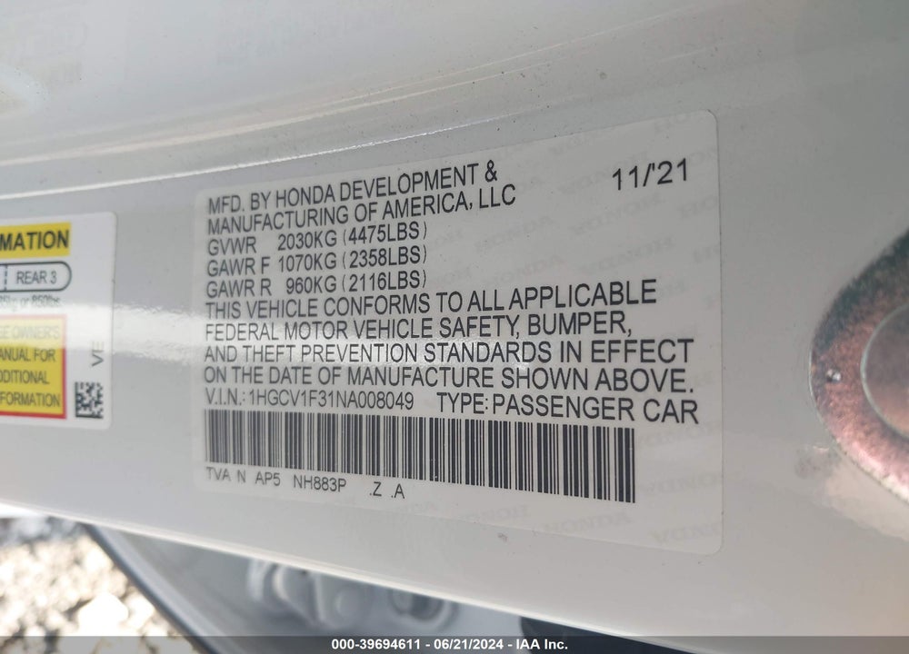 2022 HONDA ACCORD SPORT VIN: 1HGCV1F31NA008049