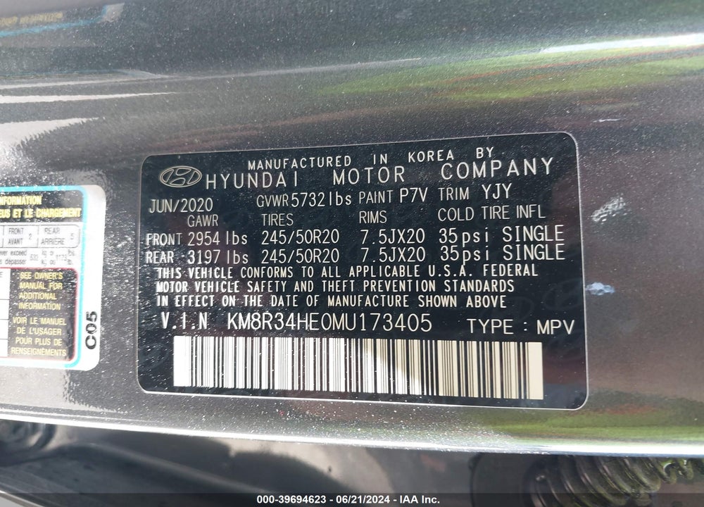 2021 HYUNDAI PALISADE SEL VIN: KM8R34HE0MU173405