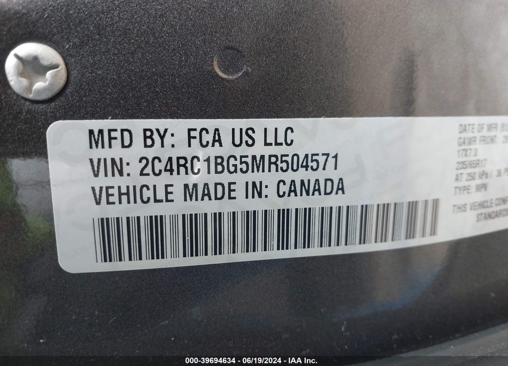 2021 CHRYSLER PACIFICA TOURING L VIN: 2C4RC1BG5MR504571