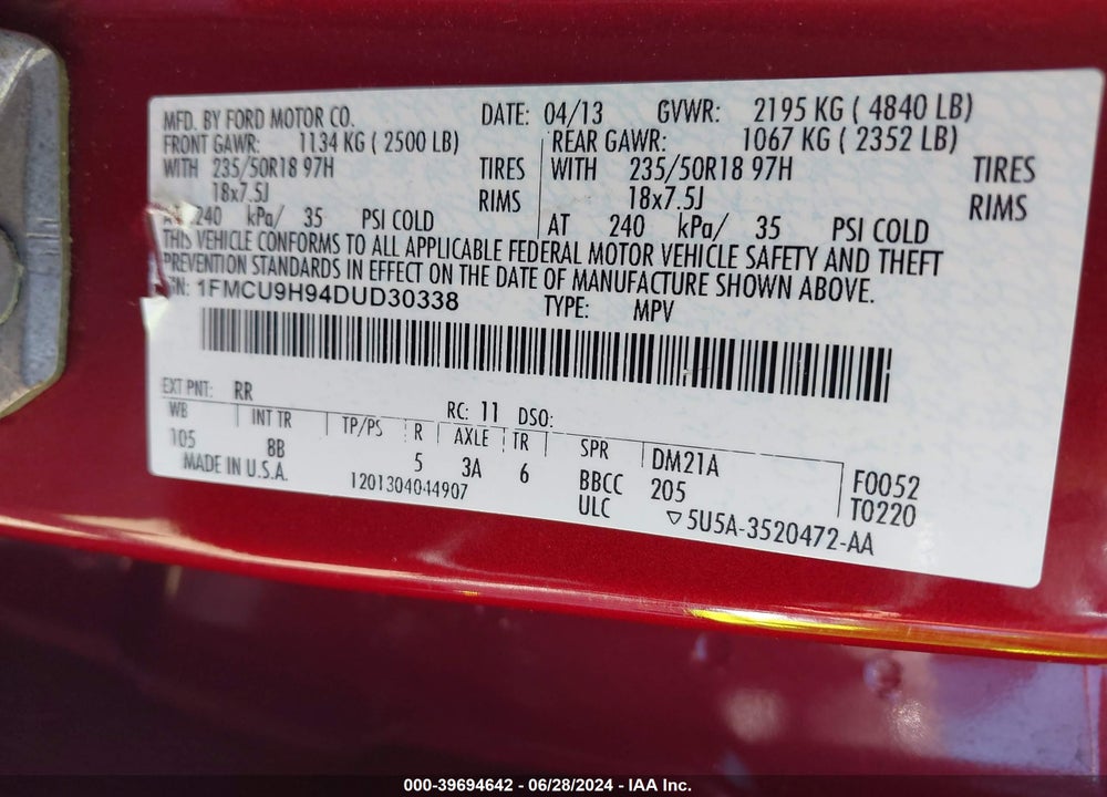 2013 FORD ESCAPE SEL VIN: 1FMCU9H94DUD30338