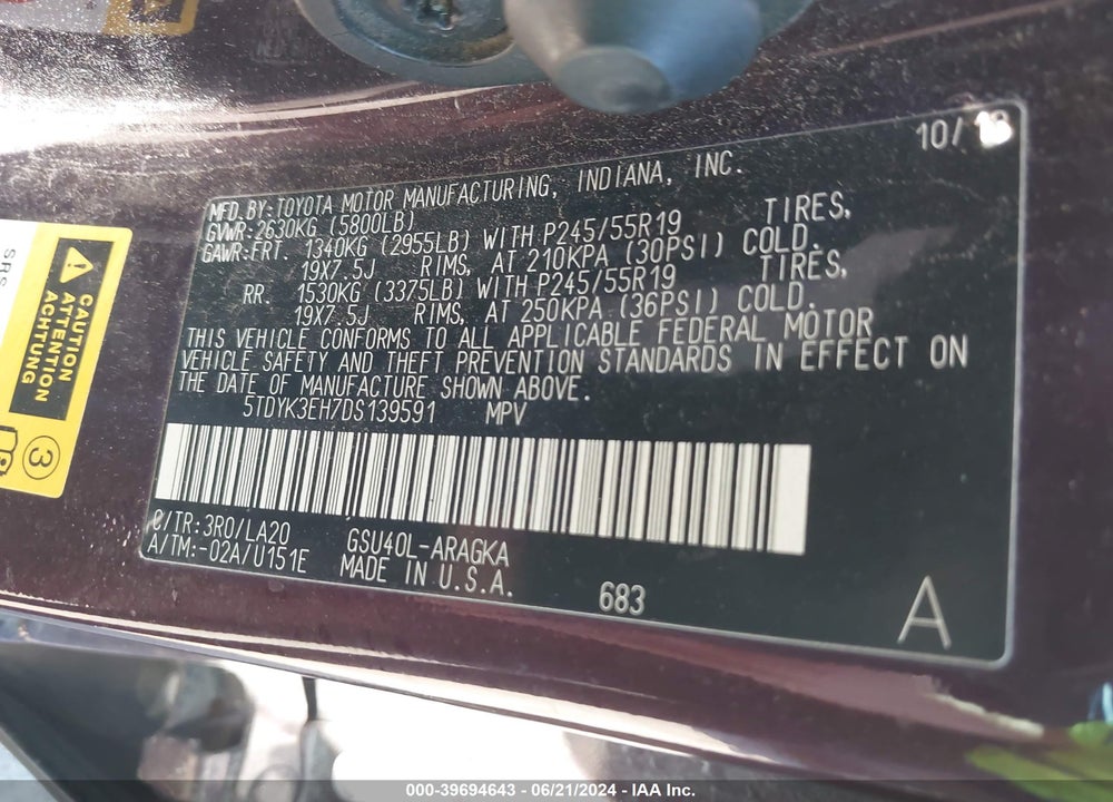 2013 TOYOTA HIGHLANDER LIMITED V6 VIN: 5TDYK3EH7DS139591
