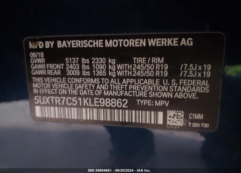 2019 BMW X3 SDRIVE30I VIN: 5UXTR7C51KLE98862