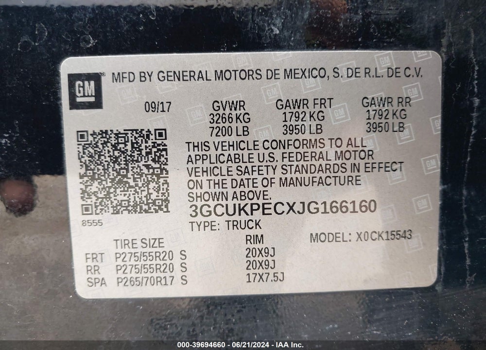 2018 CHEVROLET SILVERADO 1500 CUSTOM VIN: 3GCUKPECXJG166160