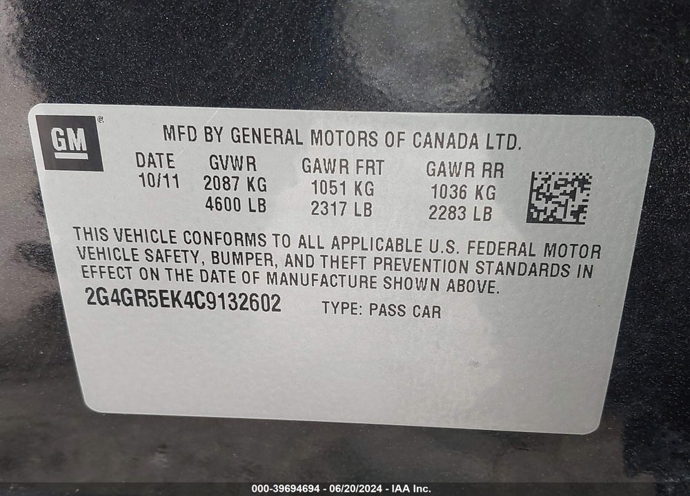 2012 BUICK REGAL VIN: 2G4GR5EK4C9132602