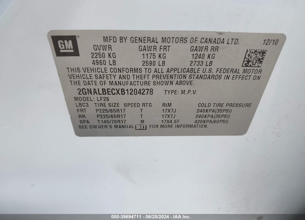 2011 CHEVROLET EQUINOX LS VIN: 2GNALBECXB1204278