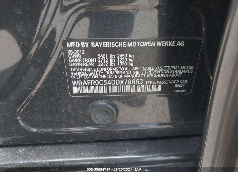 2013 BMW 550I VIN: WBAFR9C54DDX79863