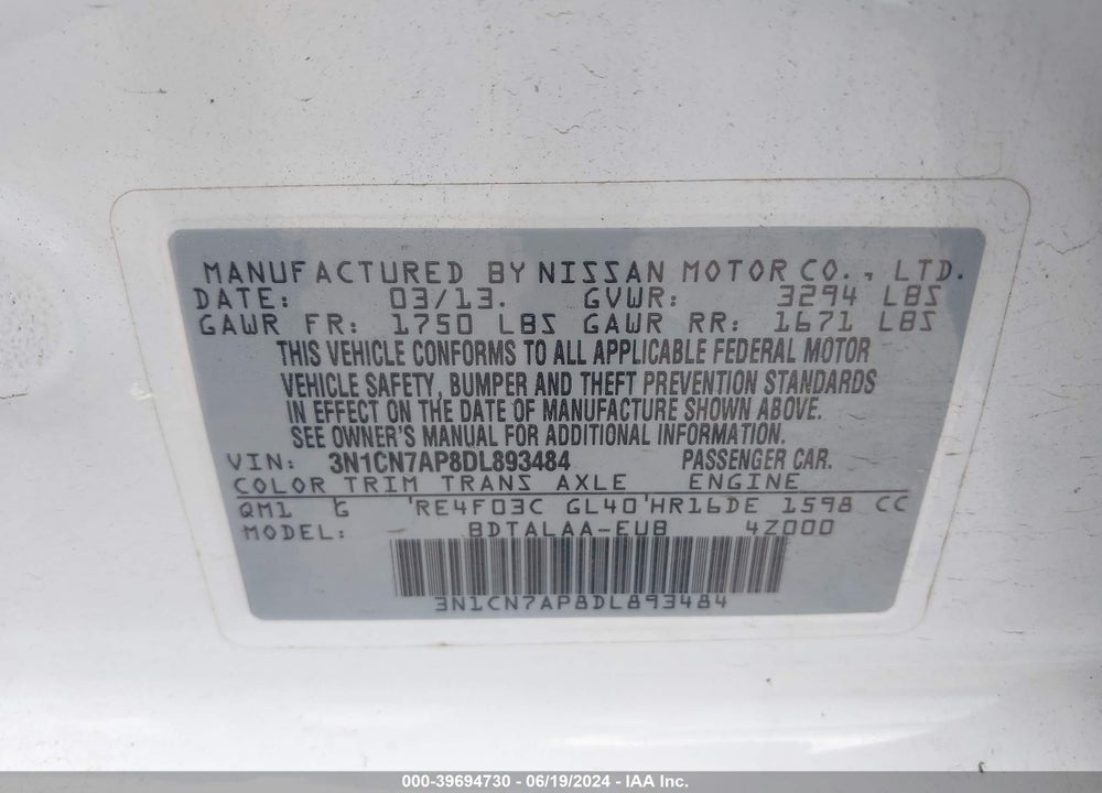 2013 NISSAN VERSA VIN: 3N1CN7AP8DL893484