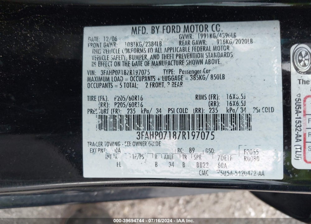 2007 FORD FUSION VIN: 3FAHP07187R197075