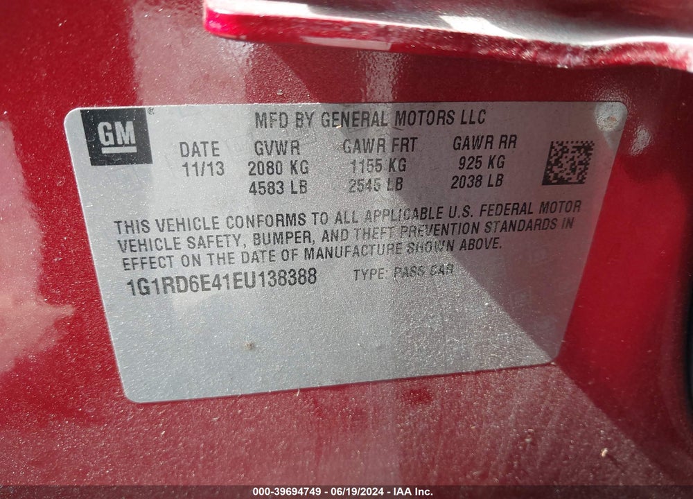 2014 CHEVROLET VOLT VIN: 1G1RD6E41EU138388