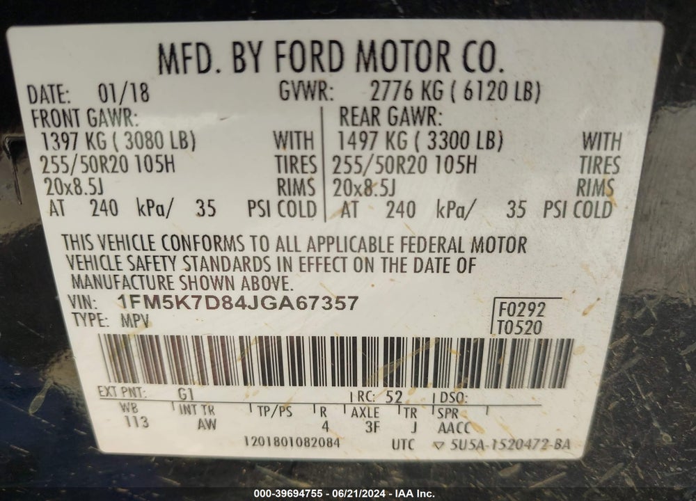 2018 FORD EXPLORER XLT VIN: 1FM5K7D84JGA67357
