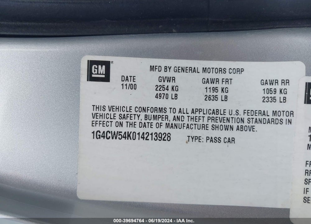 2001 BUICK PARK AVENUE VIN: 1G4CW54K014213928