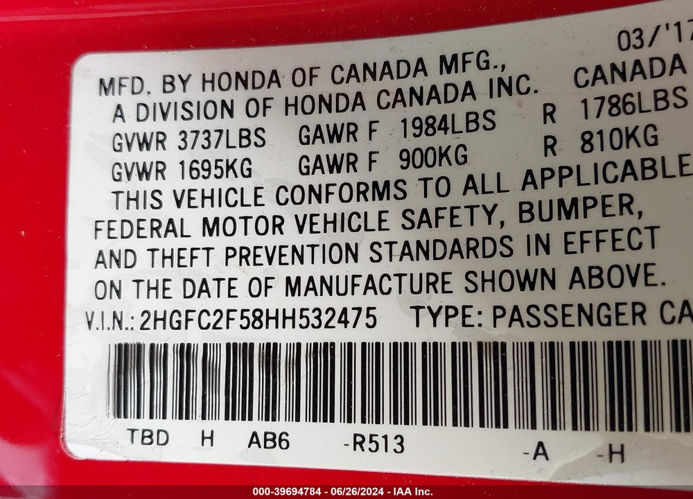 2017 HONDA CIVIC LX VIN: 2HGFC2F58HH532475