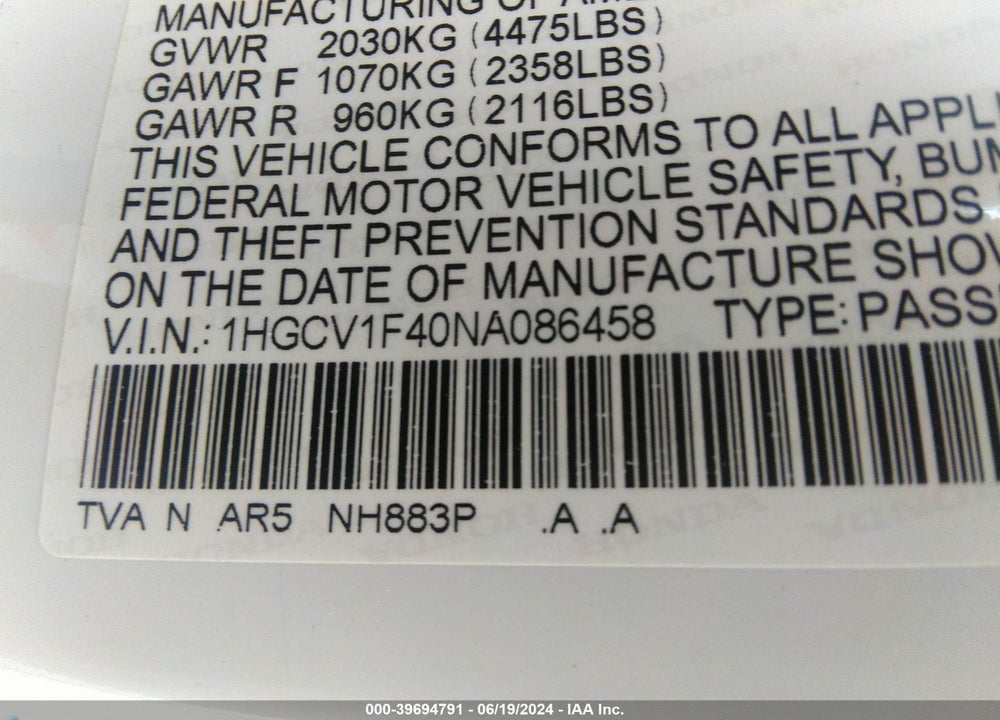 2022 HONDA ACCORD VIN: 1HGCV1F40NA086458