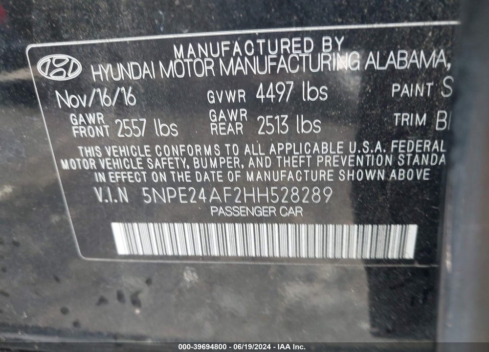 2017 HYUNDAI SONATA SE VIN: 5NPE24AF2HH528289