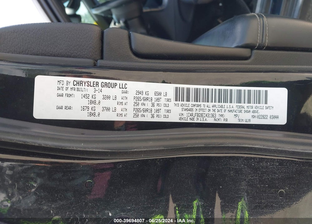 2014 CHEROKEE JEEP GRAND  LIMITED VIN: 1C4RJFBG9EC431363