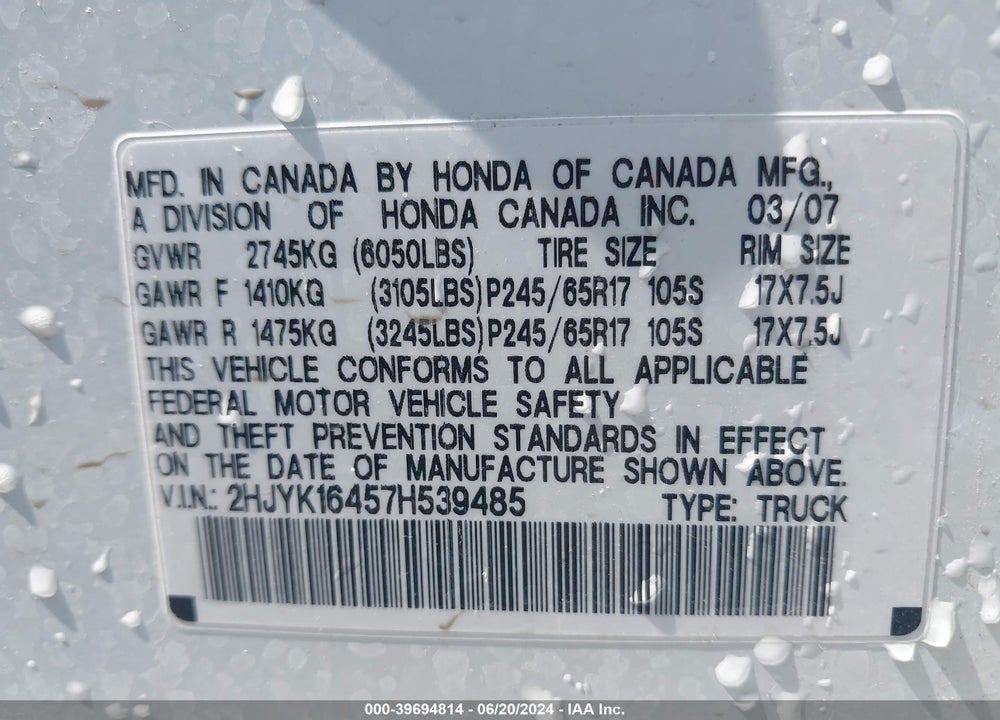2007 HONDA RIDGELINE RTS VIN: 2HJYK16457H539485